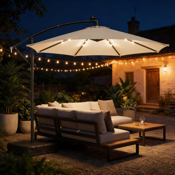 English Elm Garden Cantilever Patio Umbrella with Solar Led Lights and Upf30 Polyester Canopy Cream White T3971P481960