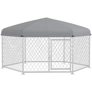English Elm Pawhut Galvanized Steel Outdoor Dog Run with Uv Roof Lockable Gate for Large Dogs W2225P200785