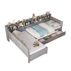 English Elm Twin Corner Daybed with Storage Drawers Bookshelf Wood L-shape Frame for Small Rooms Grey N733S369272E