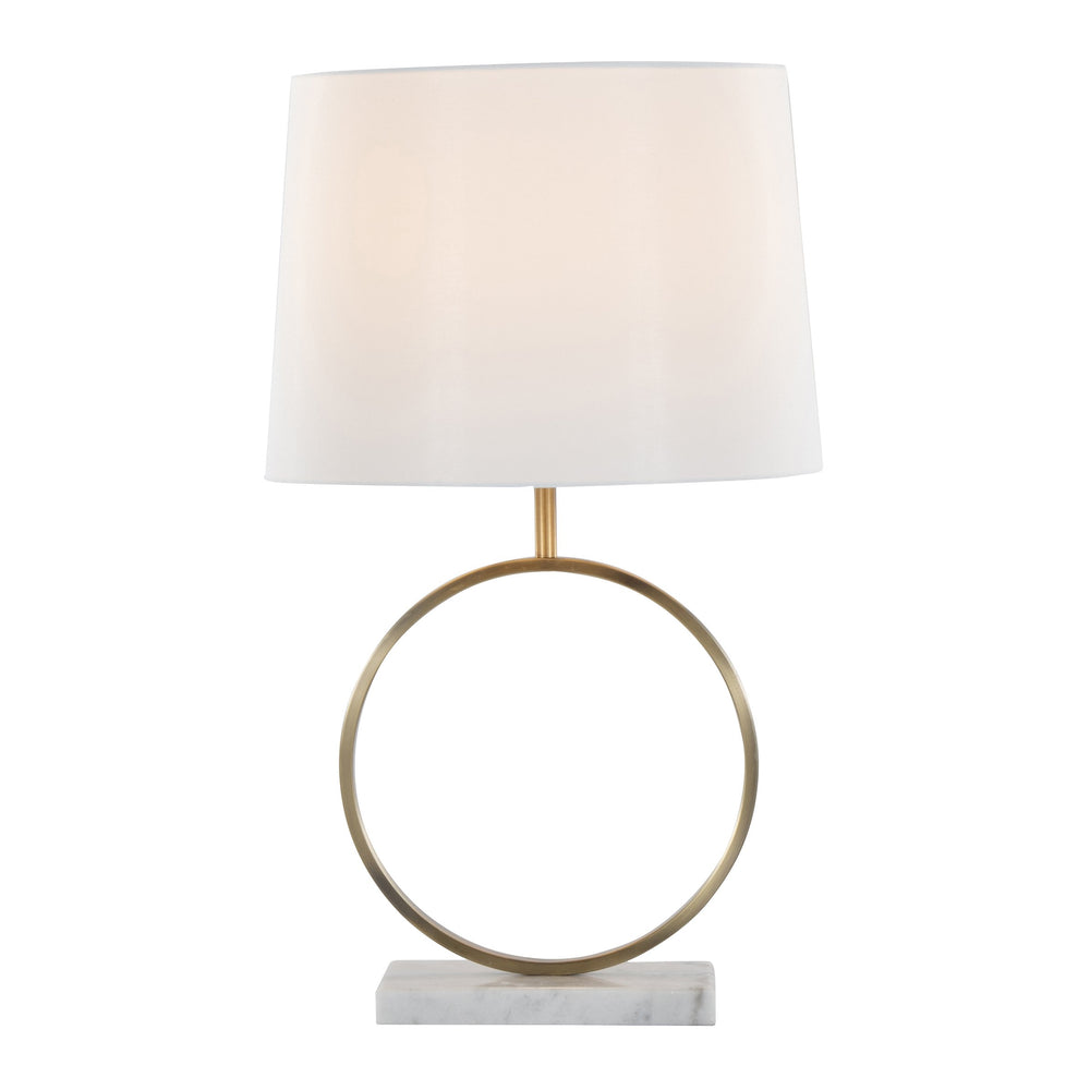 English Elm Moon Contemporary Table Lamp White Marble Base & Gold Frame with Linen Shade – Modern Desk Accent B202P224219