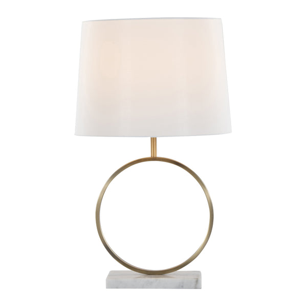 English Elm Moon Contemporary Table Lamp White Marble Base & Gold Frame with Linen Shade – Modern Desk Accent B202P224219