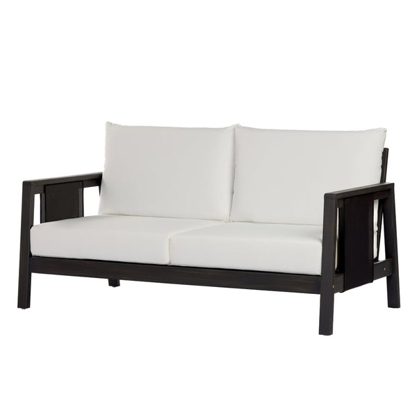 English Elm 2 Piece Outdoor Acacia Wood Loveseat and Coffee Table Set with Textilene Weave Cushions Dark Grey,White+Black N768P368824D