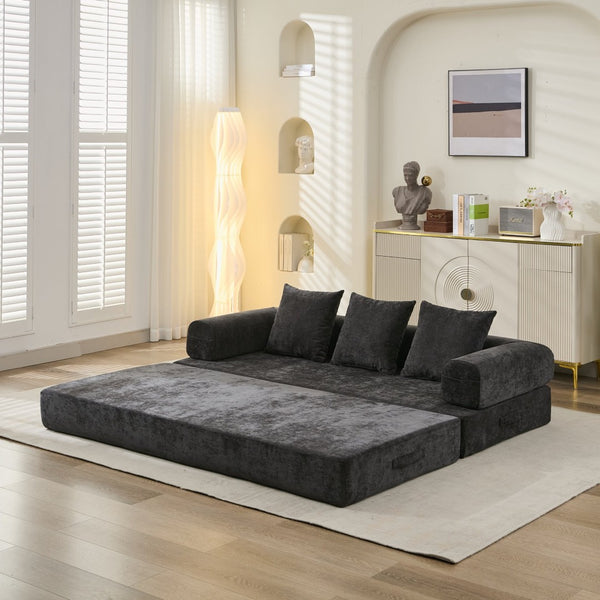 English Elm Comfy Chenille Folding Floor Sofa Bed with Armrest for Studio and Guest Rooms Black W1143P401144