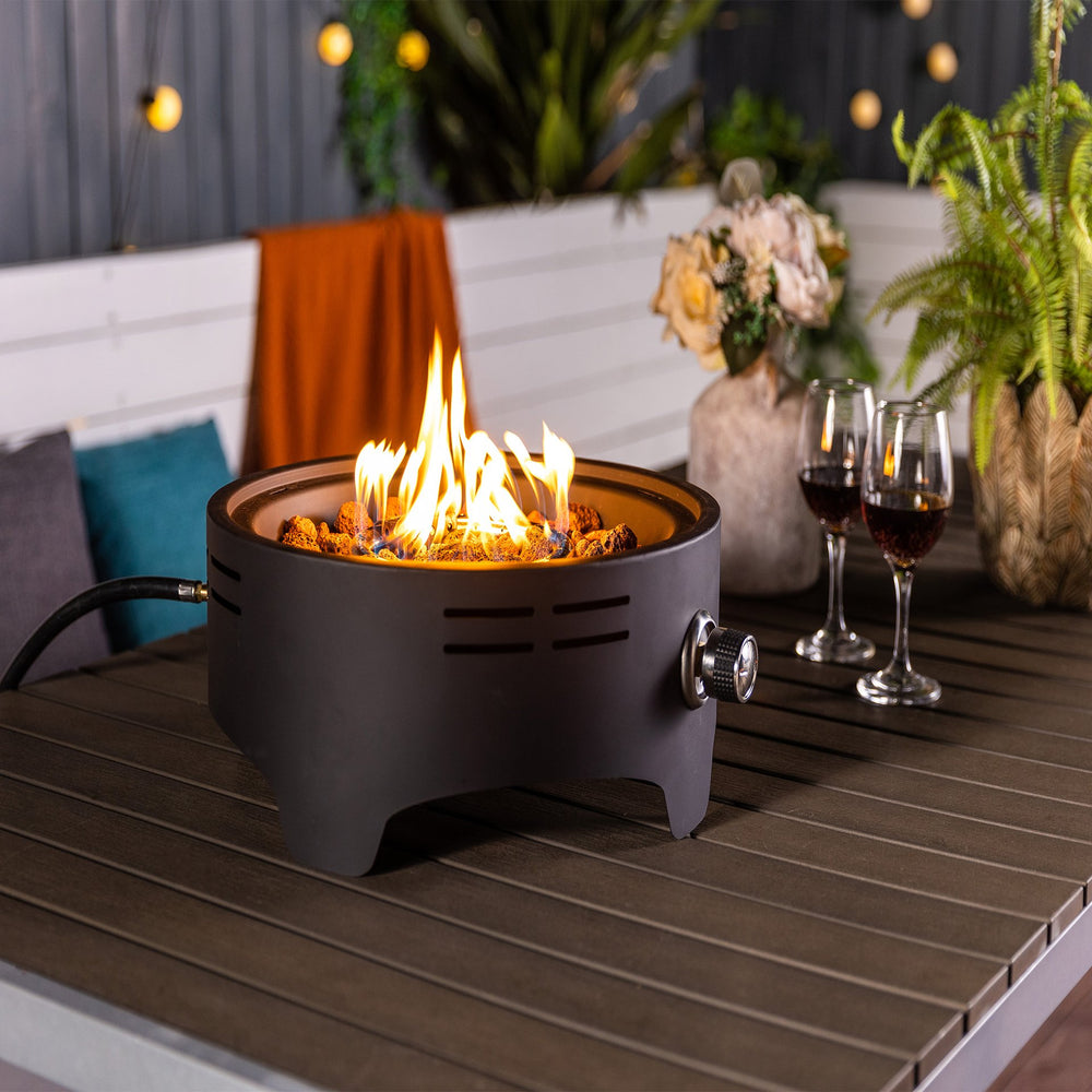 English Elm 15" Propane Tabletop Fire Pit 40,000BTU Steel Round with Lava Rocks, Quick-Connect Regulator & Lid W853P232639