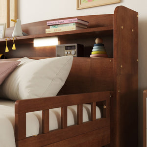 English Elm Full Pine Wood Bed with Bookcase Headboard, LED Motion Sensor, Guardrails & Ample Walnut Storage W504P281004