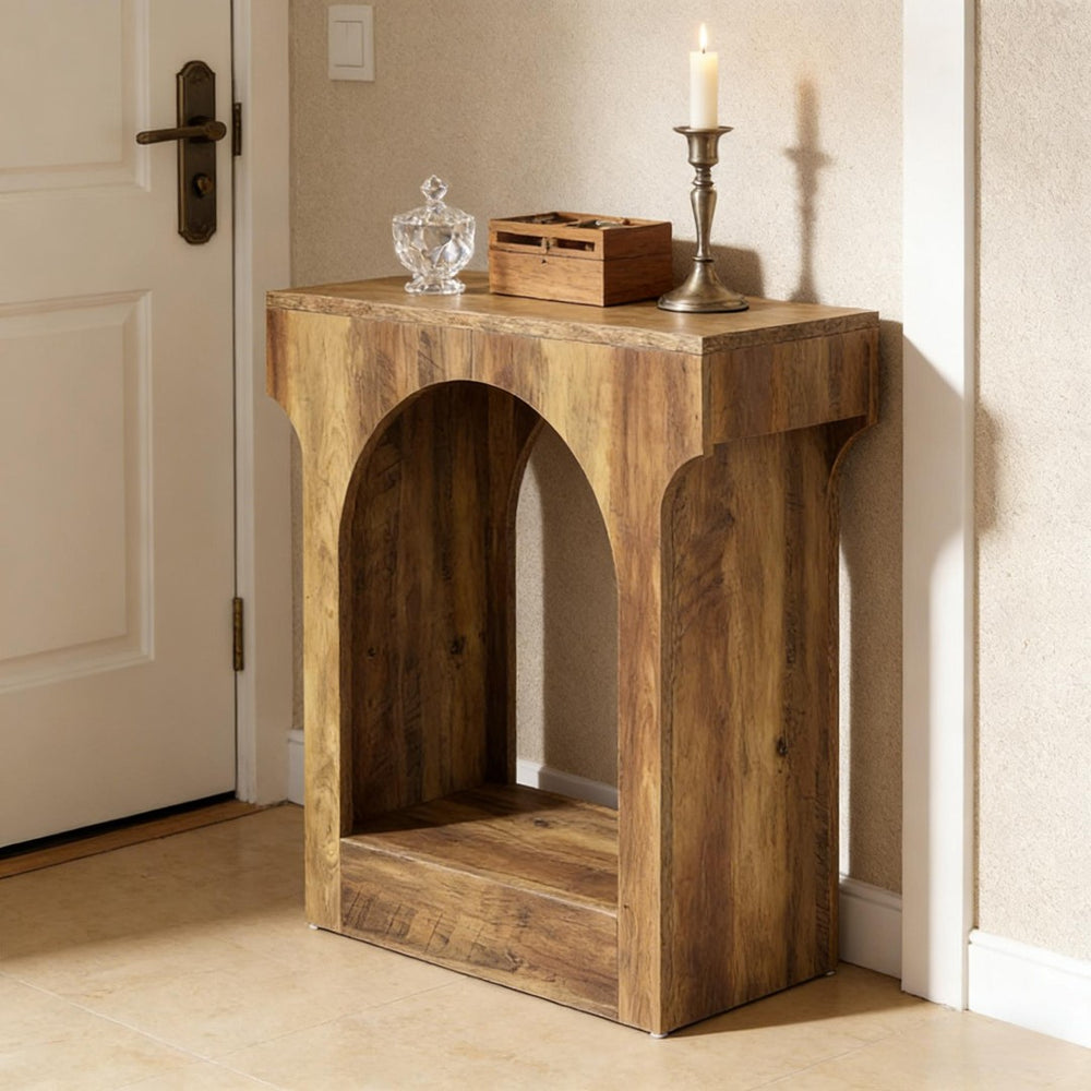 English Elm Modern Two Tier End Table Black Metal Frame Wood Grain Surface for Living Room T3971P451640