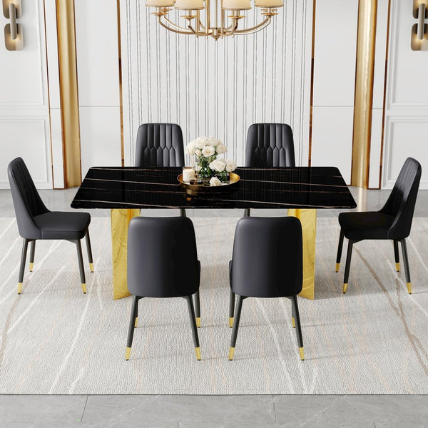English Elm Table Set With Glass Top, Imitation Marble Design & 6 Pu Upholstered Chairs For Modern Dining Elegance W1151S04332-GIGA