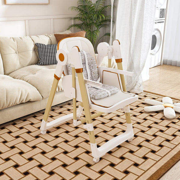 English Elm Convertible Baby High Chair to Rocker with 5-Point Harness, Foldable Feeding Seat, Quiet Wheels, Easy-Clean Tray and Adjustable Recline for Infants and Toddlers White W2699P371974