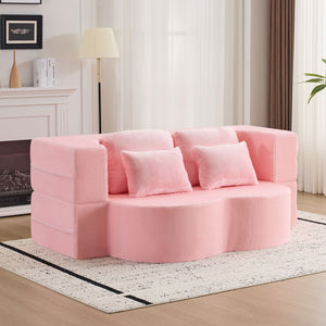 English Elm Queen Foldable Sofa Bed with Plush Chenille Cover, High-Density Foam Convertible Futon for Living Room Guest Room Bedroom Pink W1829P348205