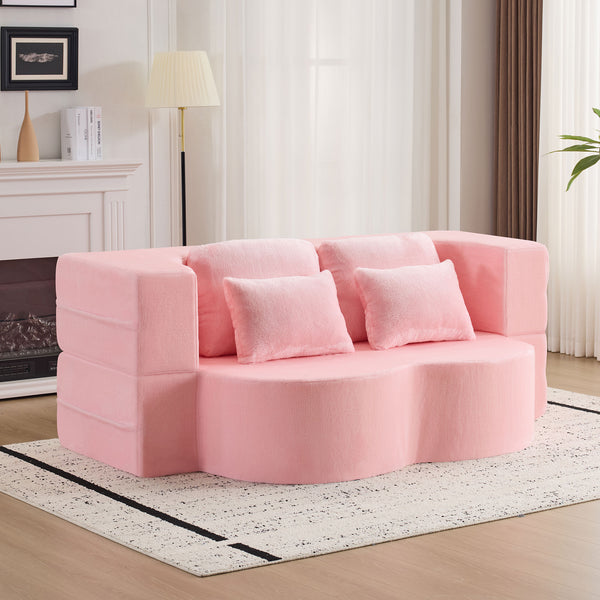 English Elm Queen Foldable Sofa Bed with Plush Chenille Cover, High-Density Foam Convertible Futon for Living Room Guest Room Bedroom Pink W1829P348205