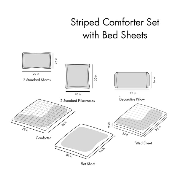 English Elm Full Marsden Striped Comforter Set with Sheets, Antimicrobial OEKO-TEX Microfiber, Grey Blue Elegance B03595908