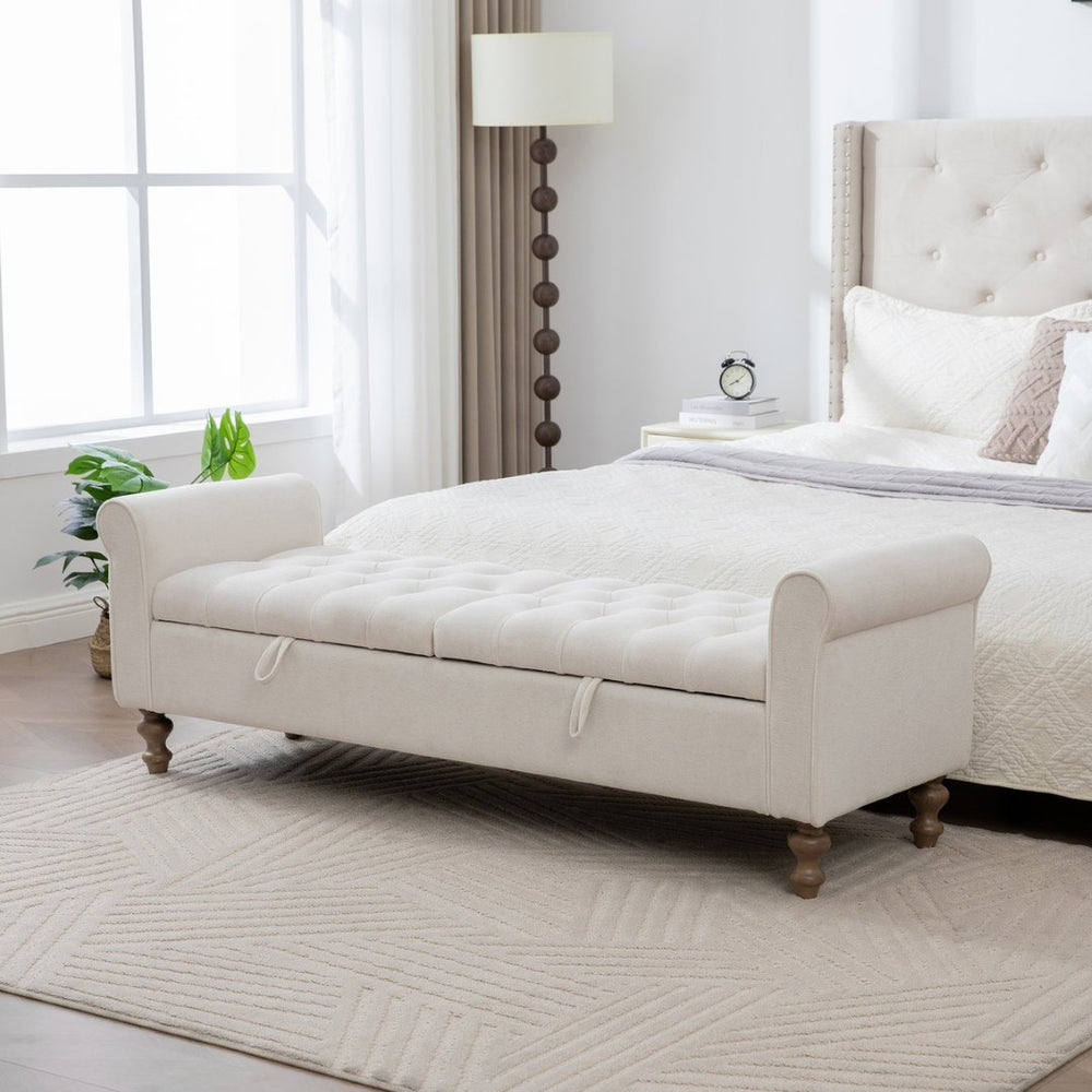 English Elm 65.75" Wide Napped Fabric Storage Bench with Rolled Arms and Walnut Rubberwood Legs W3098P397301