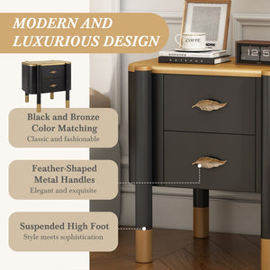 English Elm Contemporary Two Drawer Nightstand Curved Profile Feather Handles Exposed Legs Bedroom Black N761P285711B