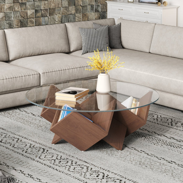 English Elm The Round Coffee Table 35.4" — Glass Top, Geometric Art Deco Walnut Base with Integrated Storage Shelves N735P350383D