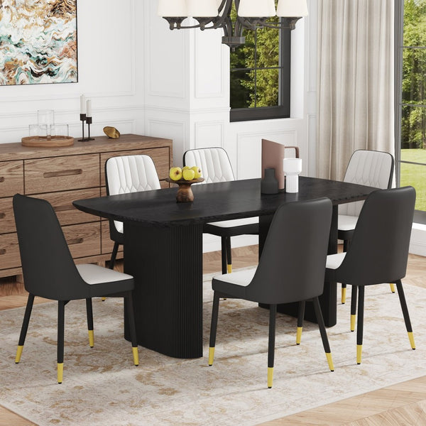English Elm Table And Chair Set – Modern Black Wood Grain Dining Table With 6 Stylish Pu Cushioned Chairs W1151S04178-GIGA