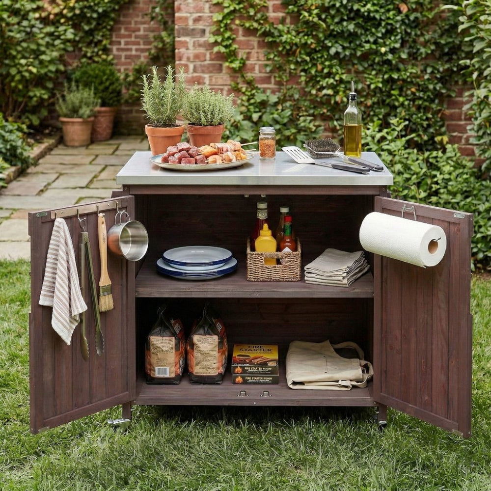 English Elm K&k Outdoor Prep Station Stainless Steel Top Fir Wood Cabinet with Drawer and Wheels Dark Brown N707P370273Z