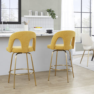 English Elm Fixed-height Swivel Counterstools with White Upholstery Gold Footrest Set of 2 Yellow B202S01783