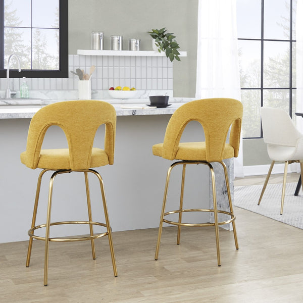 English Elm Fixed-height Swivel Counterstools with White Upholstery Gold Footrest Set of 2 Yellow B202S01783