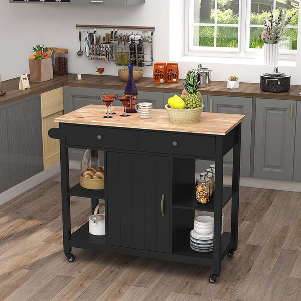 English Elm 40" Kitchen Island Cart with Solid Rubber Wood Top, Locking Casters, Drawers & Towel Rack Black T3771P372625