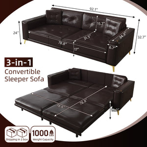 English Elm 92.1"king Faux Leather Convertible Sleeper Sofa Tufted 4 Seat Pull Out Living Room Couch Dark Brown W1885S00409