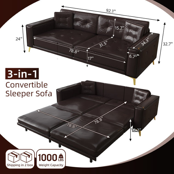English Elm 92.1"king Faux Leather Convertible Sleeper Sofa Tufted 4 Seat Pull Out Living Room Couch Dark Brown W1885S00409