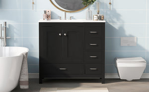 English Elm 36" Black Bathroom Vanity with Ceramic Sink, 2 Soft-Close Doors & 5 Drawers, Modern Storage Elegance N729P183735B