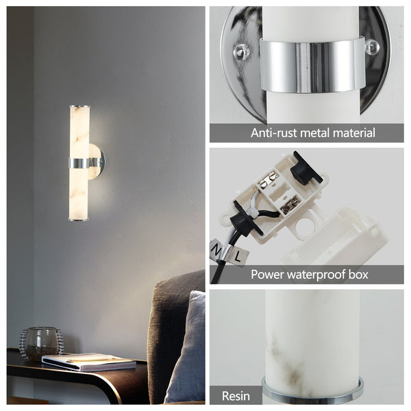 English Elm Resin Imitation Marble Texture Wall Light Set of 2 with Sleek Iron Frame, Minimalist Ambient Sconces for Hallways Bedrooms Bathrooms Chrome W1340P189552