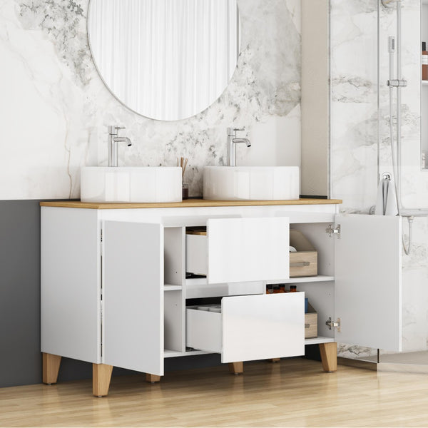 English Elm 47-inch Double Basin Bathroom Vanity Solid Wood Top Glossy White Soft Close W3151S00073