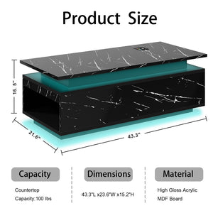 English Elm Coffee Table with Led Lighting Bluetooth Speaker Wireless Charging and Faux Marble Top Black T3773P415725