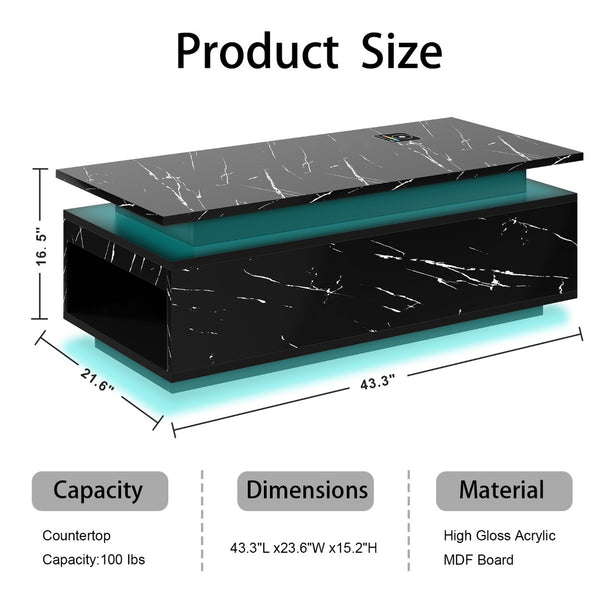 English Elm Coffee Table with Led Lighting Bluetooth Speaker Wireless Charging and Faux Marble Top Black T3773P415725