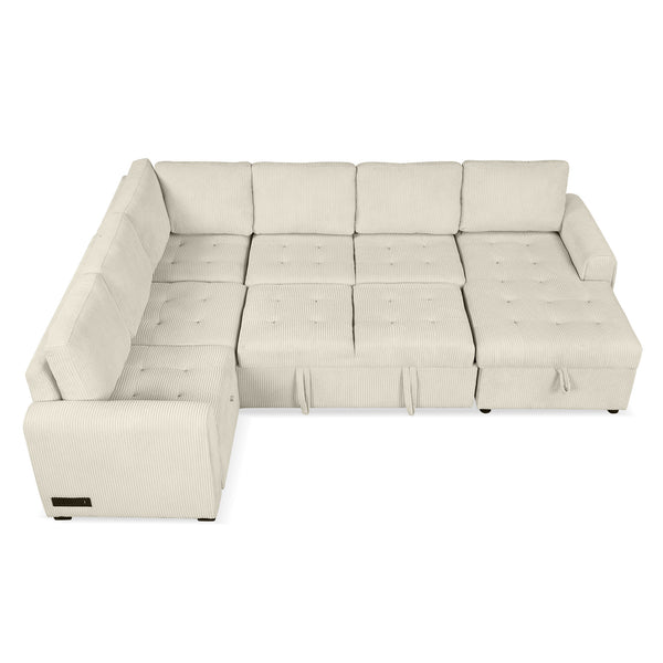 English Elm 107.5" U-shaped Sofa Sectional with Storage Chaise, Pull-Out Bed, USB Charging, Corduroy Comfort Beige N719S001570A