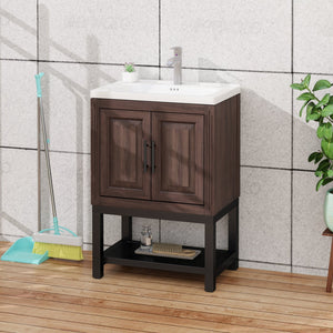 English Elm 24" Bathroom Vanity with Smooth White Ceramic Sink, Durable Metal Hinges, Adjustable Feet, Sleek Faucet & Open Iron Shelf Walnut W688P224404