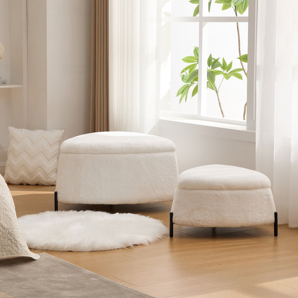 English Elm 29.9"Wide Faux Fur Storage Ottoman Set with Reversible Lid, Metal Legs, Foam Seat, 275lb Capacity Ivory W3098P296975