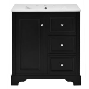 English Elm 30-inch bathroom vanity mirror cabinet set with ceramic sink, solid wood build, 3 drawers & shelves Black SV000028AAB