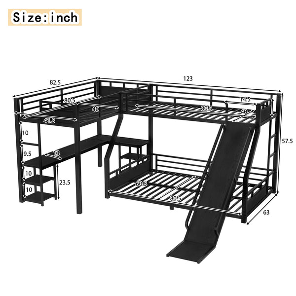 English Elm L-Shaped Metal Bunk Bed With Twin Xl Loft, Queen Bed, Desk, Shelves & Slide - Space-Saving Design! W1580S00279