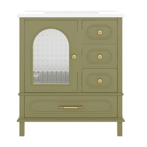 English Elm 30" Freestanding Bathroom Vanity Solid Wood Cabinet Ceramic Basin 3 Drawer Storage Green W1580P382512