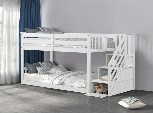 English Elm Transitional Twin Over Twin Low Bunk Bed With Reversible Storage Staircase – Space-Saving White Design B2741S00608-GIGA