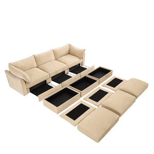 English Elm 3-Seater Sofa Set With Footstools And Pull-Out Drawers, Cozy Chenille Upholstery In Wheat Color W3041S00178