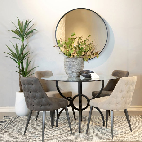 English Elm Marina Round Glass Top Dining Table with Sculptural Gunmetal Base Seats Four B062S01809