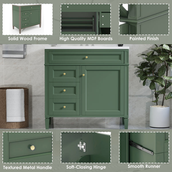 English Elm 36'' Modern Bathroom Vanity With Top Sink, 3 Drawers, Roman Legs & Adjustable Shelving For Storage SW000119AAF-2
