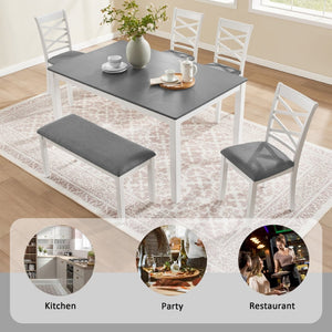 English Elm 6 Piece Rubberwood Dining Set with Bench and Linen Chairs for Transitional Kitchen W1998S00099