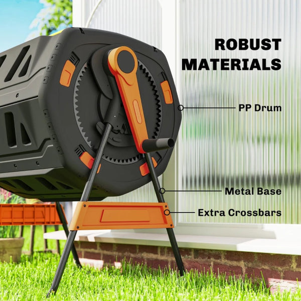English Elm Dual Chamber Tumbling Composter with 53 Gallon Rotating Drums on Powder Coated Stand Black+Orange T3971P467360