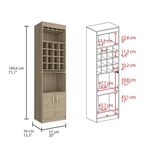 English Elm Being Kava Floor Bar Cabinet Light Pine Finish with Wine Rack and Stemware Storage B200S00097
