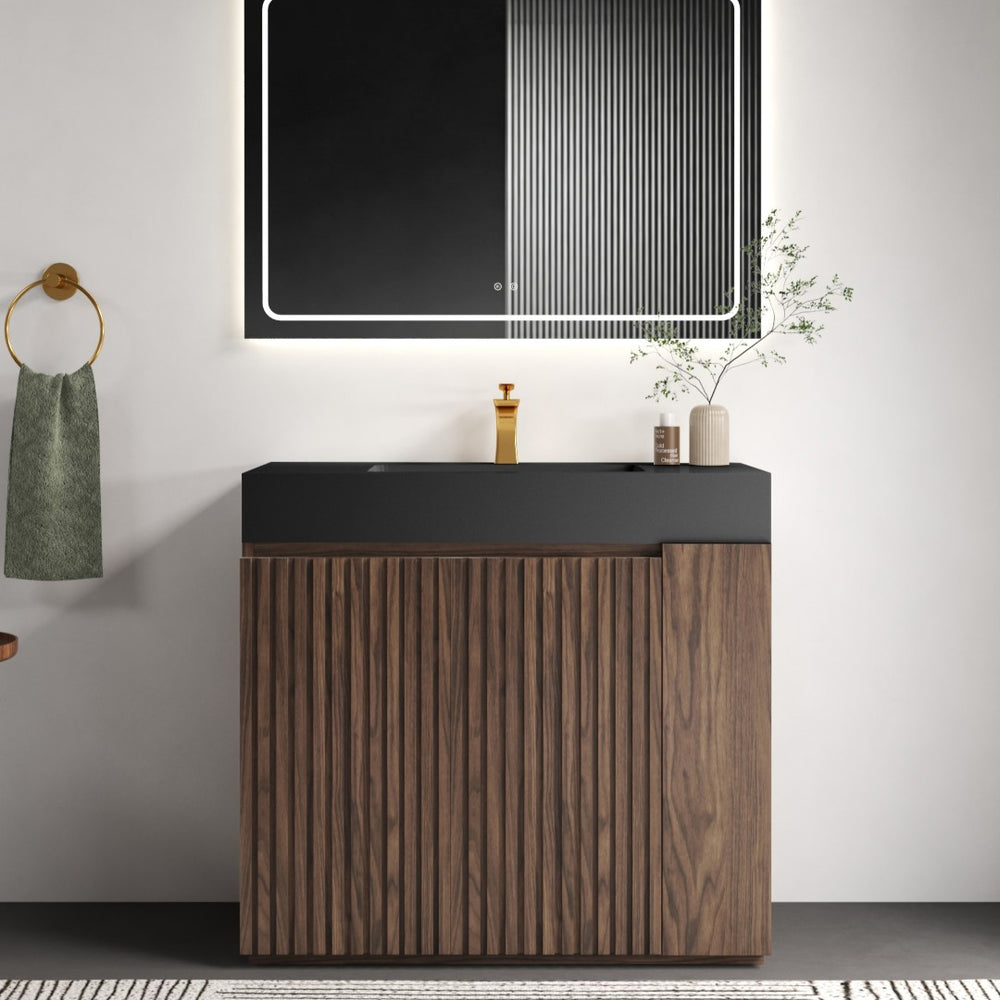 English Elm Galan Freestanding Bathroom Vanity Quartz Basin Fluted Wood Cabinet Modern Bath Walnut Brown W1865S00222