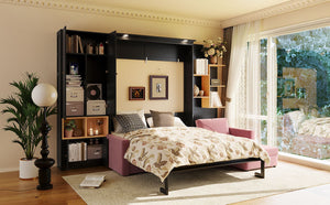 English Elm Queen Murphy Wall Bed with Velvet Sofa Built in Shelves Cabinets and Reading Lights Black LP000393AAB