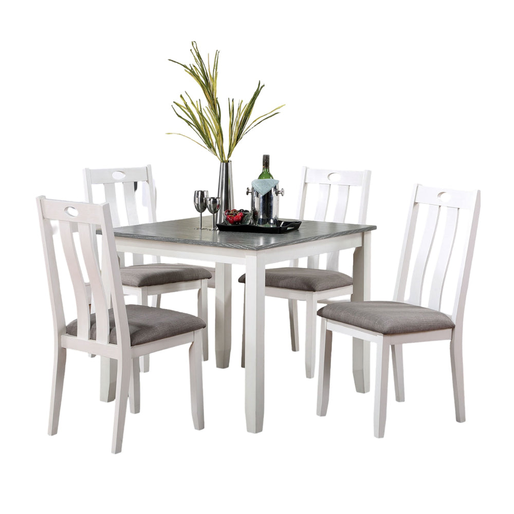English Elm Modern White 5pc Dining Set with Gray Linen-Like Cushions, Two-Tone Solid Wood Table & Chairs, Transitional Design B011P230001