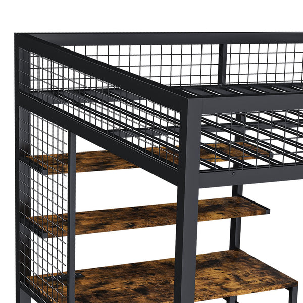 English Elm Full-Size Loft Bed with Desk, Wardrobe & Staircase Storage, Metal Frame, USB/Outlet Charging Station W2700S00059
