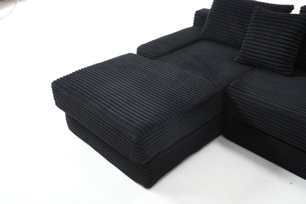 English Elm Memory foam L-shaped compression sofa bed with corduroy upholstery, modular no-assembly design, cloud comfort and space-saving functionality for apartments and home theaters Black W2959S00008