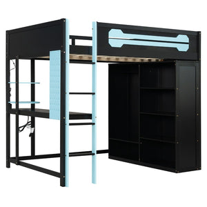 English Elm Full Size Gaming Loft Bed with Rgb Lighting Integrated Desk and Open Wardrobe Blue N820S00073C