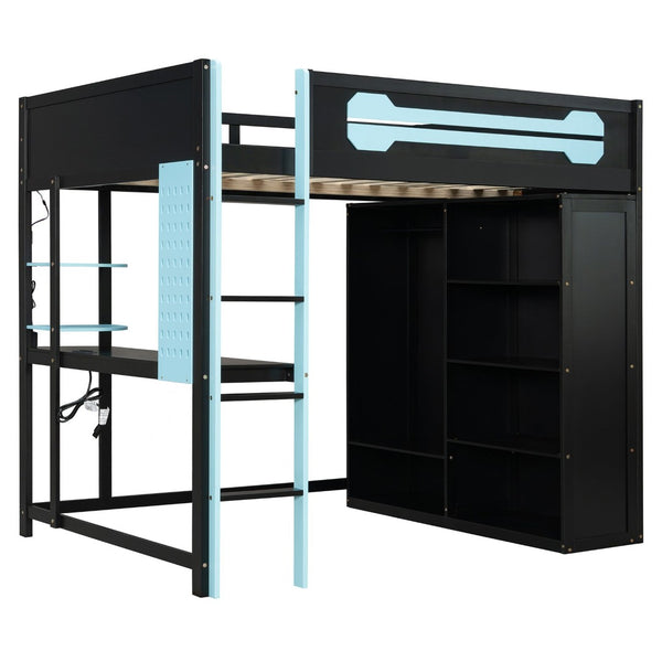 English Elm Full Size Gaming Loft Bed with Rgb Lighting Integrated Desk and Open Wardrobe Blue N820S00073C
